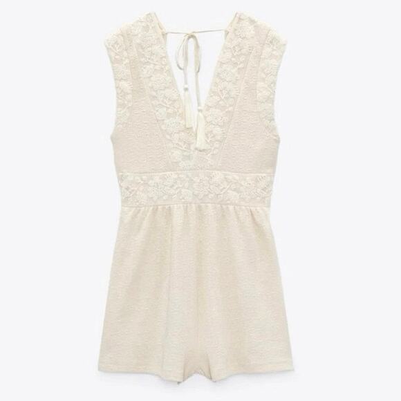 Zara Cream White Embroidered Floral Lace V-neck Sleeveless Romper Jumpsuit Sz S - Picture 4 of 16